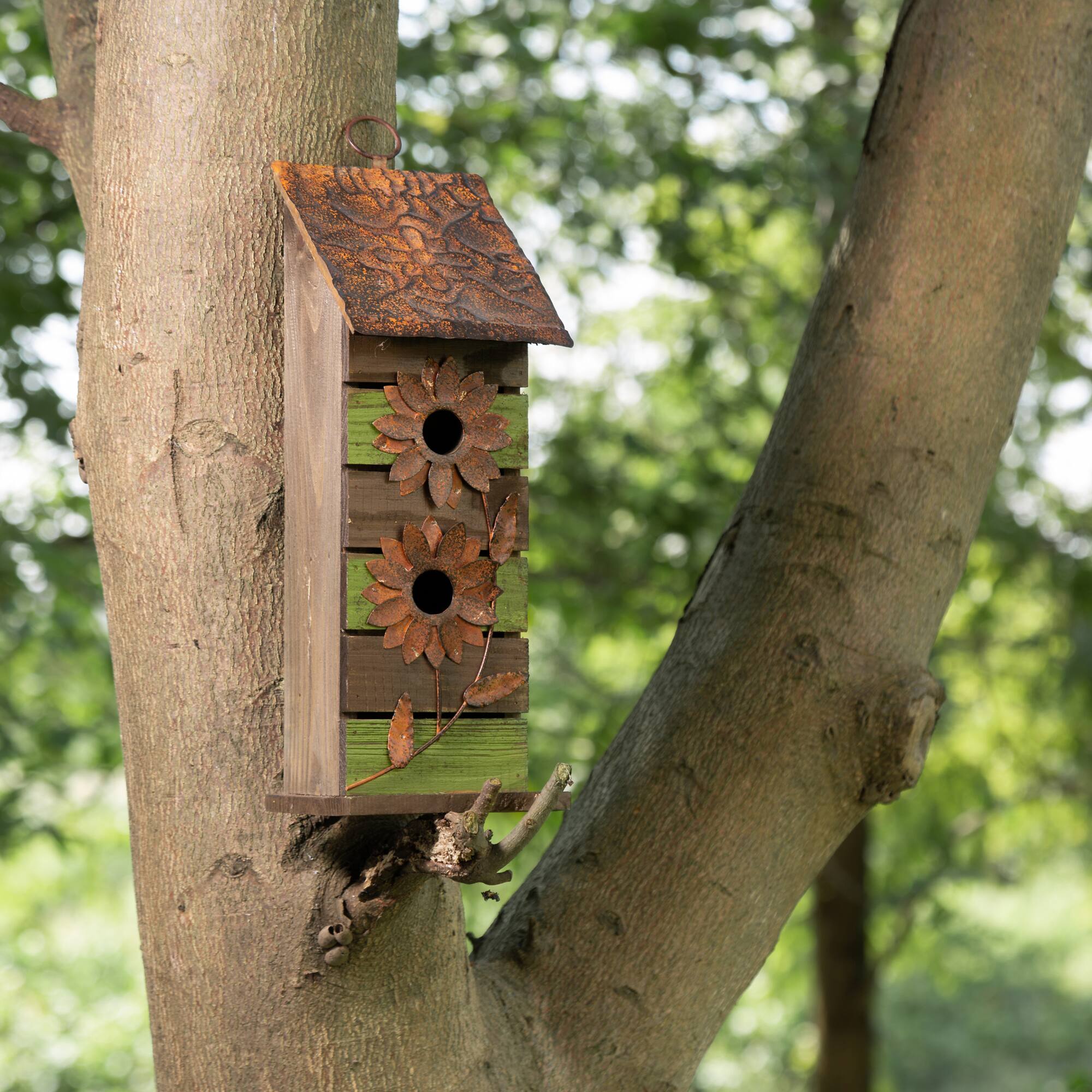 Glitzhome® Hanging 2-Tiered Distressed Wood Bird House with Flowers